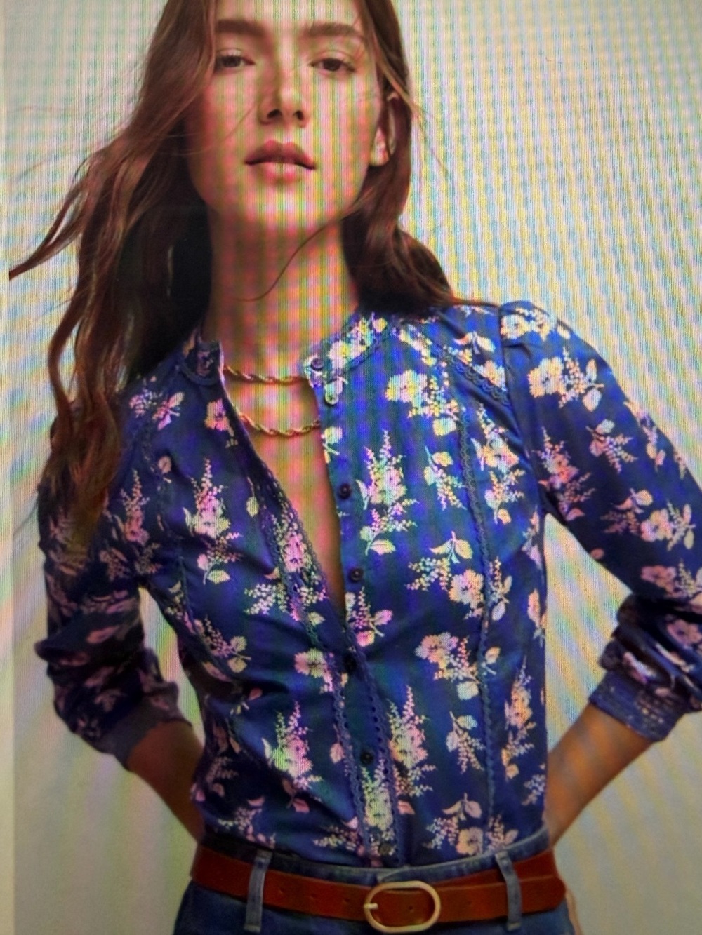 Boden Blue Rhea Trim Detail Cotton Top with pink flowers